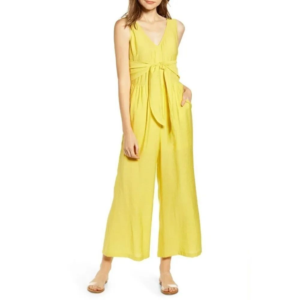 BP Tie Waist Sleevelss Wide Leg Solid Yellow Jumpsuit Jumper